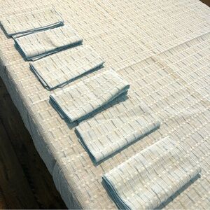 VTG MCM Blue Woven Retro Oval Tablecloth 60x84 & 6 Texture Napkin Set